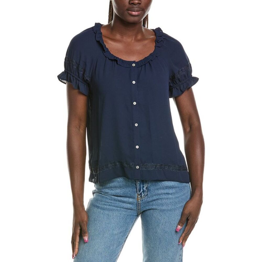 Cece Womens  Wide Ruffle Button Front Shirt, Navy